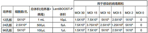 使用lentiboost可参考表格的细胞密度进行种板